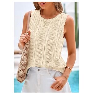 KIRUNDO Womens Beige Crochet Knit Sleeveless Sweater Top Scallop Trim Large NEW